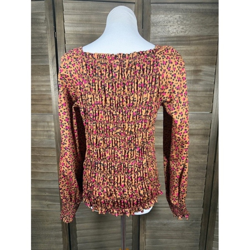 Foxcroft NYC Womens Pink Tan Leopard Print Smocked Square Neck Top Size 8 - Picture 6 of 11